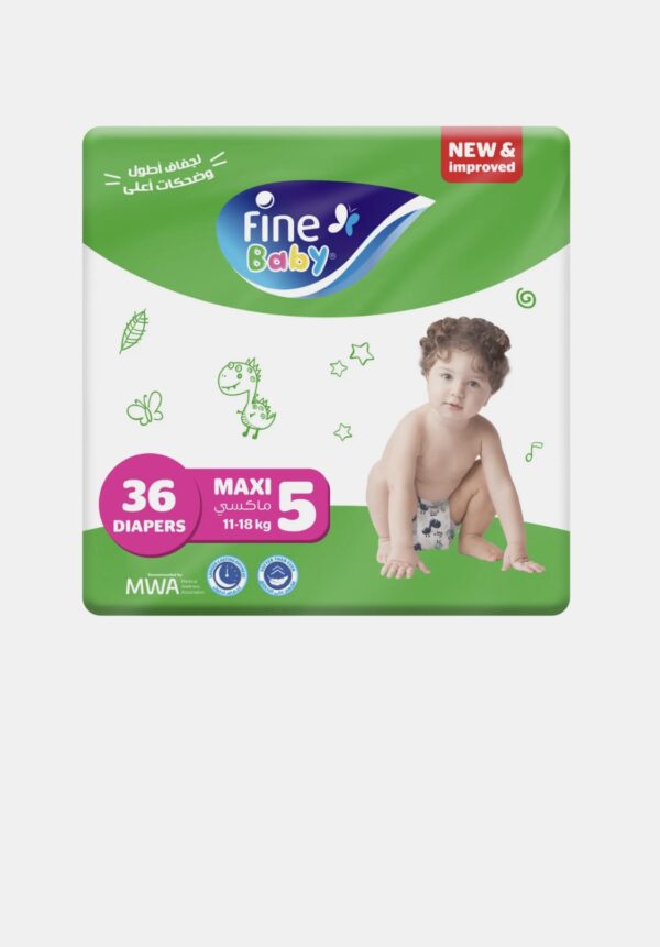فاين بيبي حفاضات قياس 5,حجم ماكسي18-11+كغم,قفل مزدوج ,36حفاضة+فاين معقم 200منديل